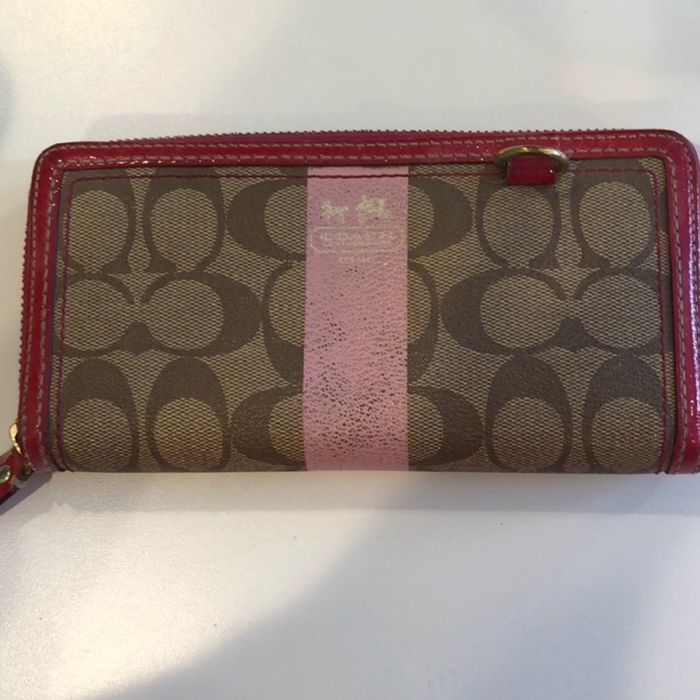 Coach Brown Signature Canvas Wallet with Pink Stripe and Red Trim